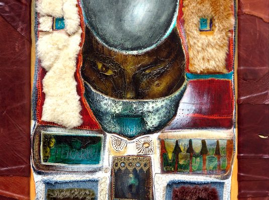 Buddha with fur, leather and jeans, 2004, 70x45cm, mixed technique on wood