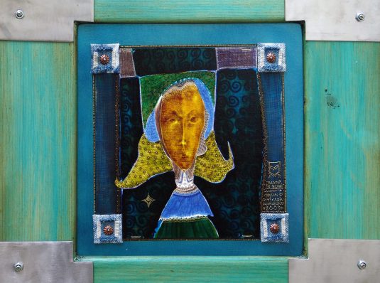 Queen in jeans, 2003, 45x45cm, mixed technique on cardboard