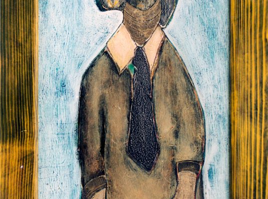 Girl with tie and armor, 2004-2006, 60x30cm, mixed technique on cardboard